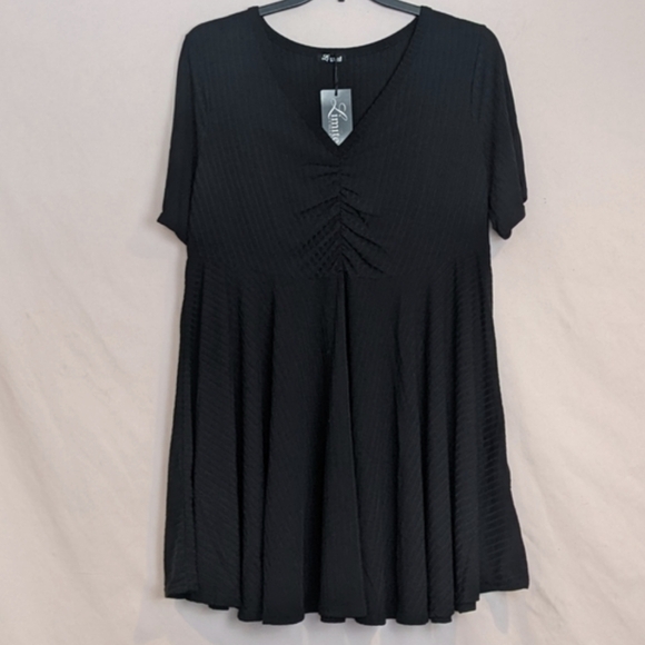 Limited Collection Black V Neck Short Sleeve Ruched Bodice Ribbed Mini Dress 16 - Picture 1 of 7